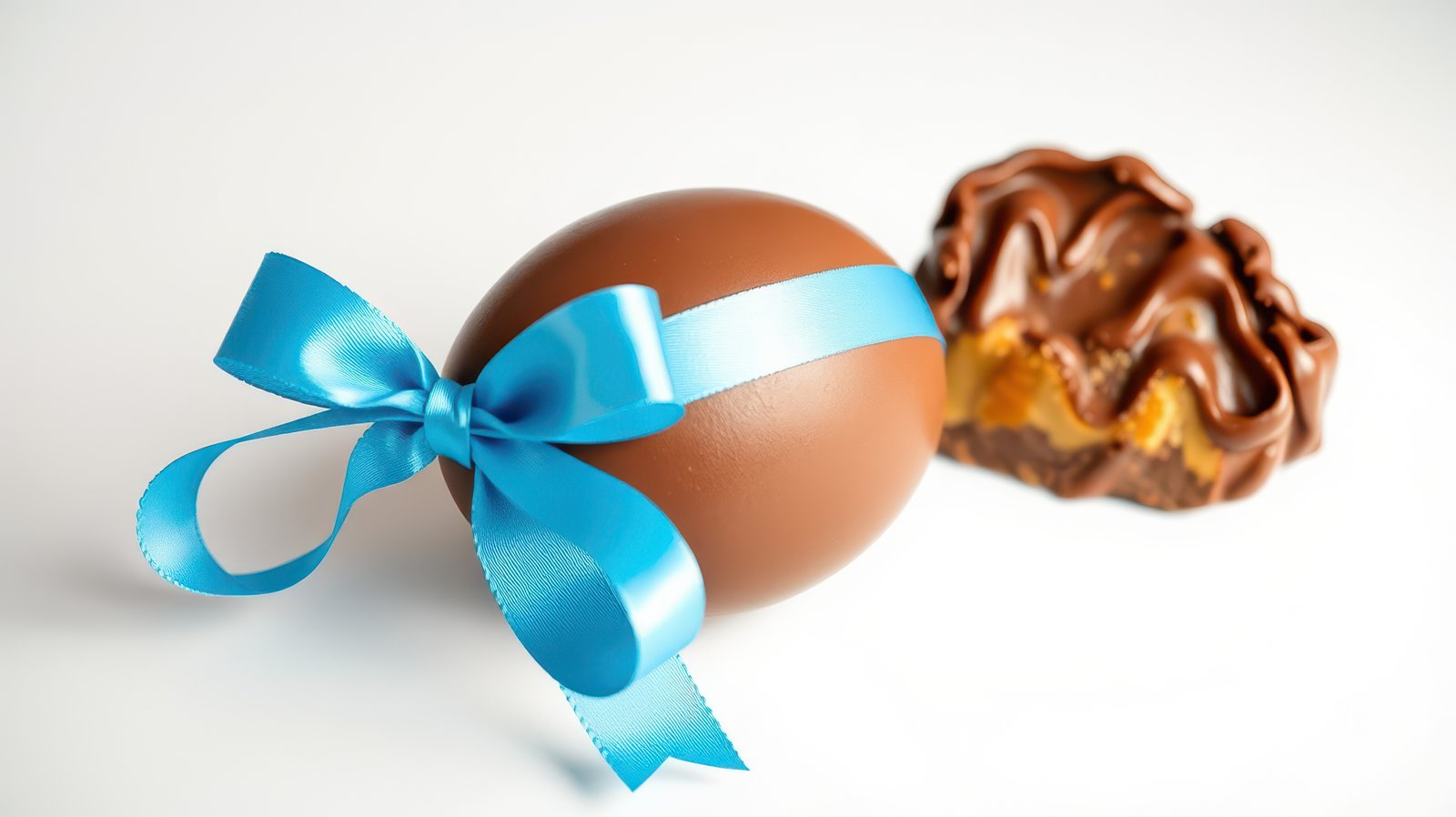 Chocolate egg with blue ribbon alongside a chocolate treat on a white background
